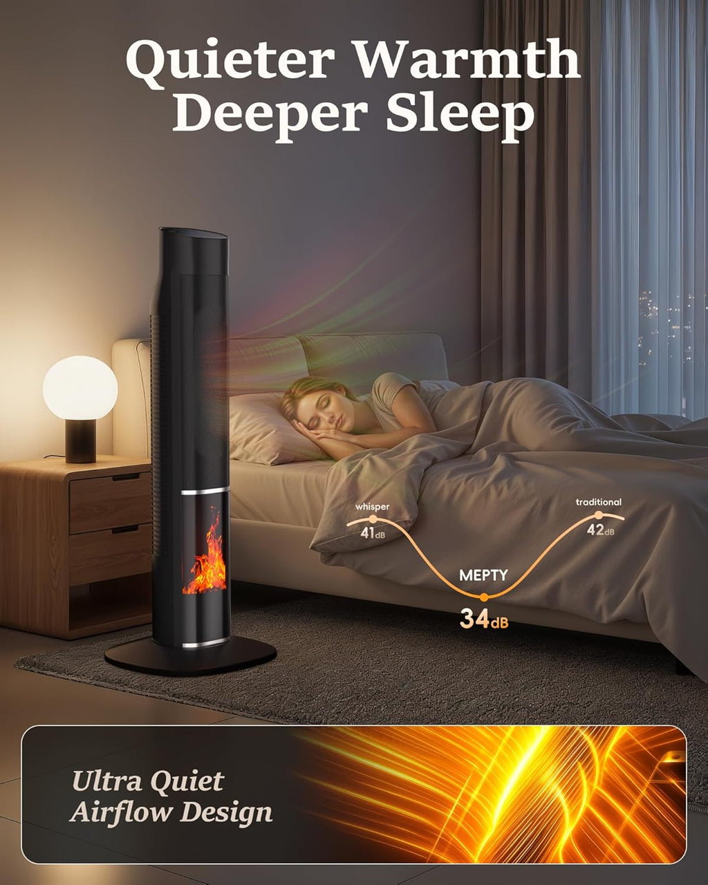 MEPTY 1500W Portable Space Heater Large Room, Electric Space Heaters for Indoor Use with 120° Oscillation, 24H Timer, ECO Mode, 3D Flame, Energy Efficient, Tower Heaters for Office, Bedroom