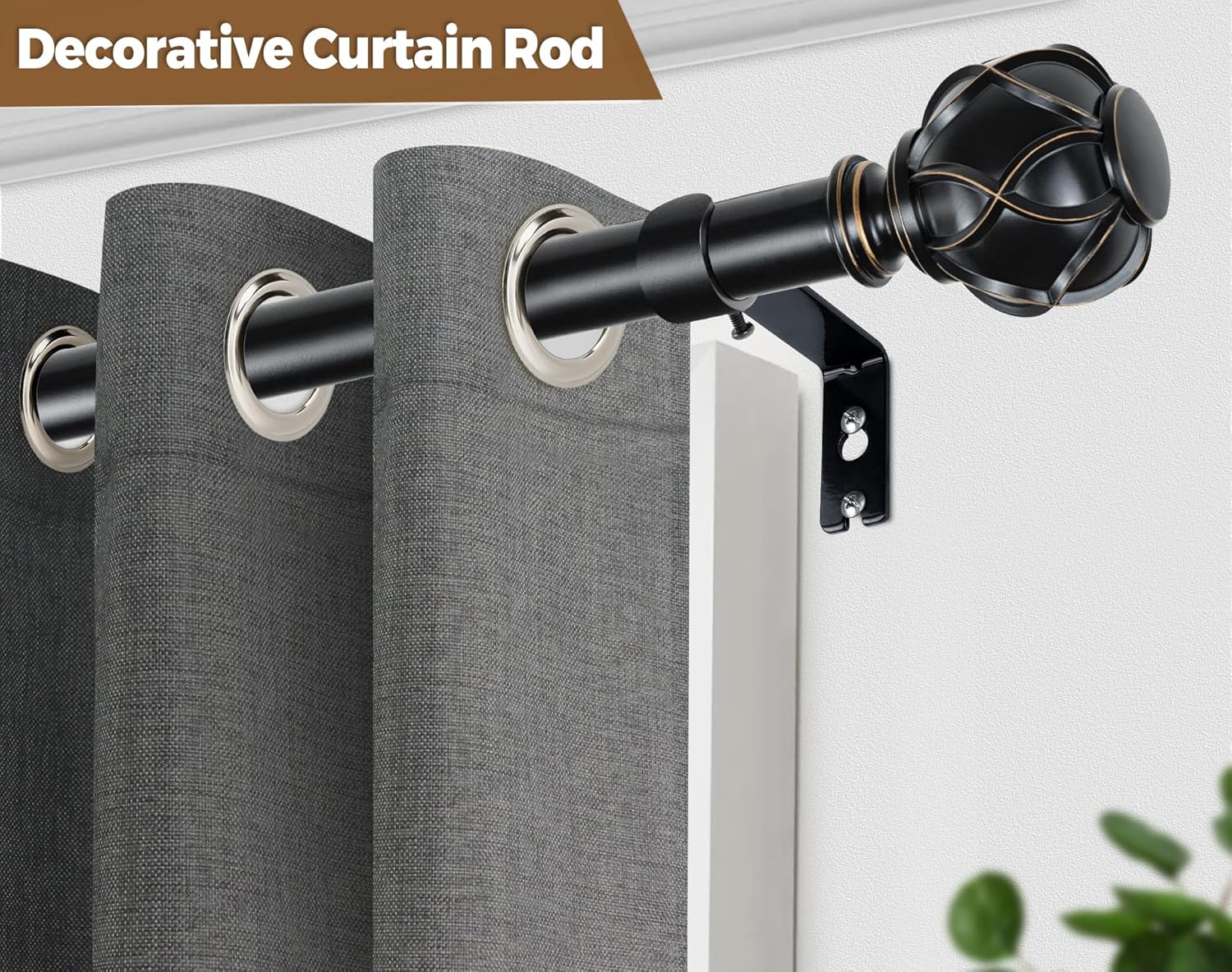 KAMANINA Curtain Rods for Windows 66 to 120 Inch, 7/8 Inch Black Heavy Duty Curtain Rod 32 to 120 (2.6-10ft), Adjustable Decorative Drapery Rods with Netted Texture End