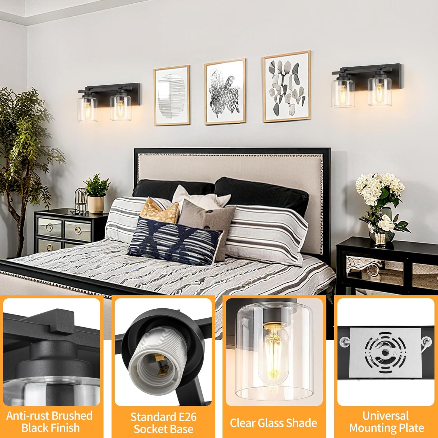 2 Light Modern Bathroom Light Fixtures Over Mirror, Black Vanity Lights for Bathroom Wall Sconces with Clear Glass Shades, E26 Socket (Bulbs Not Included)