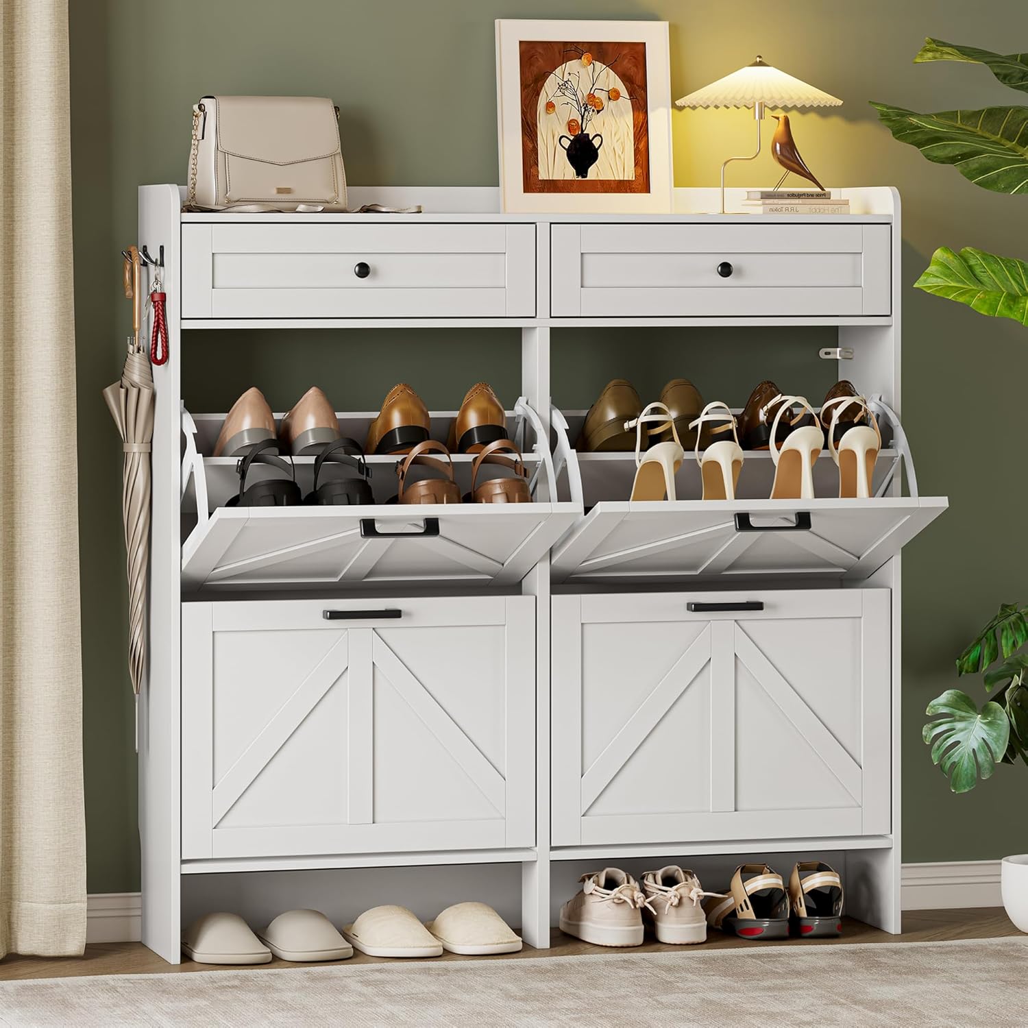 Shoe Storage Cabinet for Entryway, Farmhouse Wide Shoe Cabinet with 4 Flip Drawers and 2 Top Drawers, Freestanding Organizer with Adjustable Shelves, Hooks, and Anti-Tip Kit for Hallway