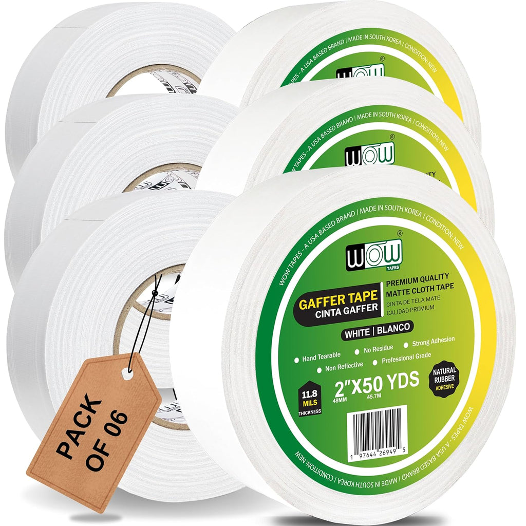 Wow Gaffers Tape 2 Inch White - 50 Yards (Pack of 6), Residue Free, Non-Reflective & Heavy-Duty - Professional Grade White Gaff Tape - Ideal for Photography Backdrop, Cables, Cords & Floor Taping