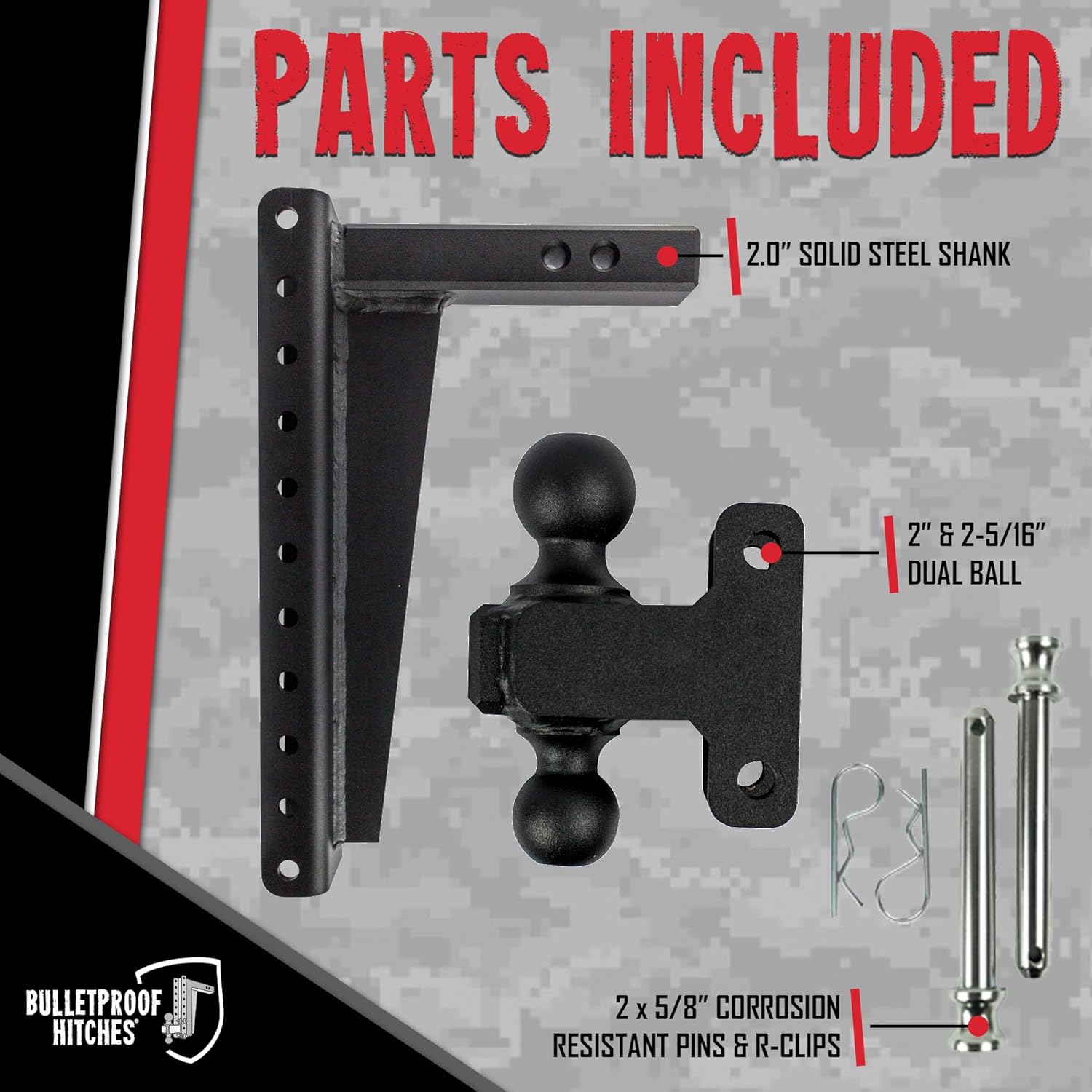 BulletProof Hitches - 2.0" Adjustable Heavy Duty Trailer Hitch (22,000 lb. Rating) - 16" Drop/Rise Trailer Hitch with 2" & 2-5/16" Dual Ball - Powder Coat, Solid Steel, Corrosion-Resistant