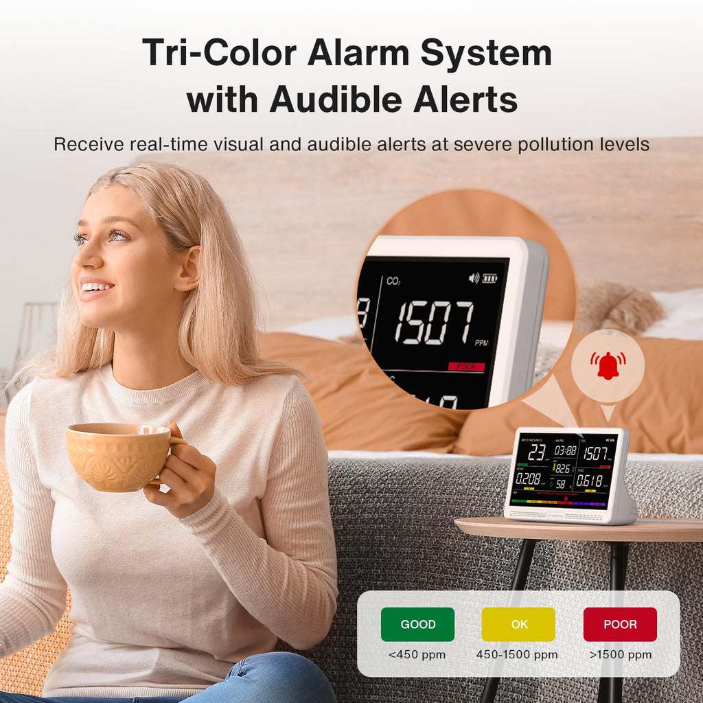 16 in 1 Air Quality Monitor Indoor 7" Display 9 AQI+7 AQI Alerts, CO2 Monitor Air Quality Tester for CO2, TVOC, PM2.5 PM1.0 PM10, HCHO Temperature Humidity AQI & Time Air Quality Meter for Home