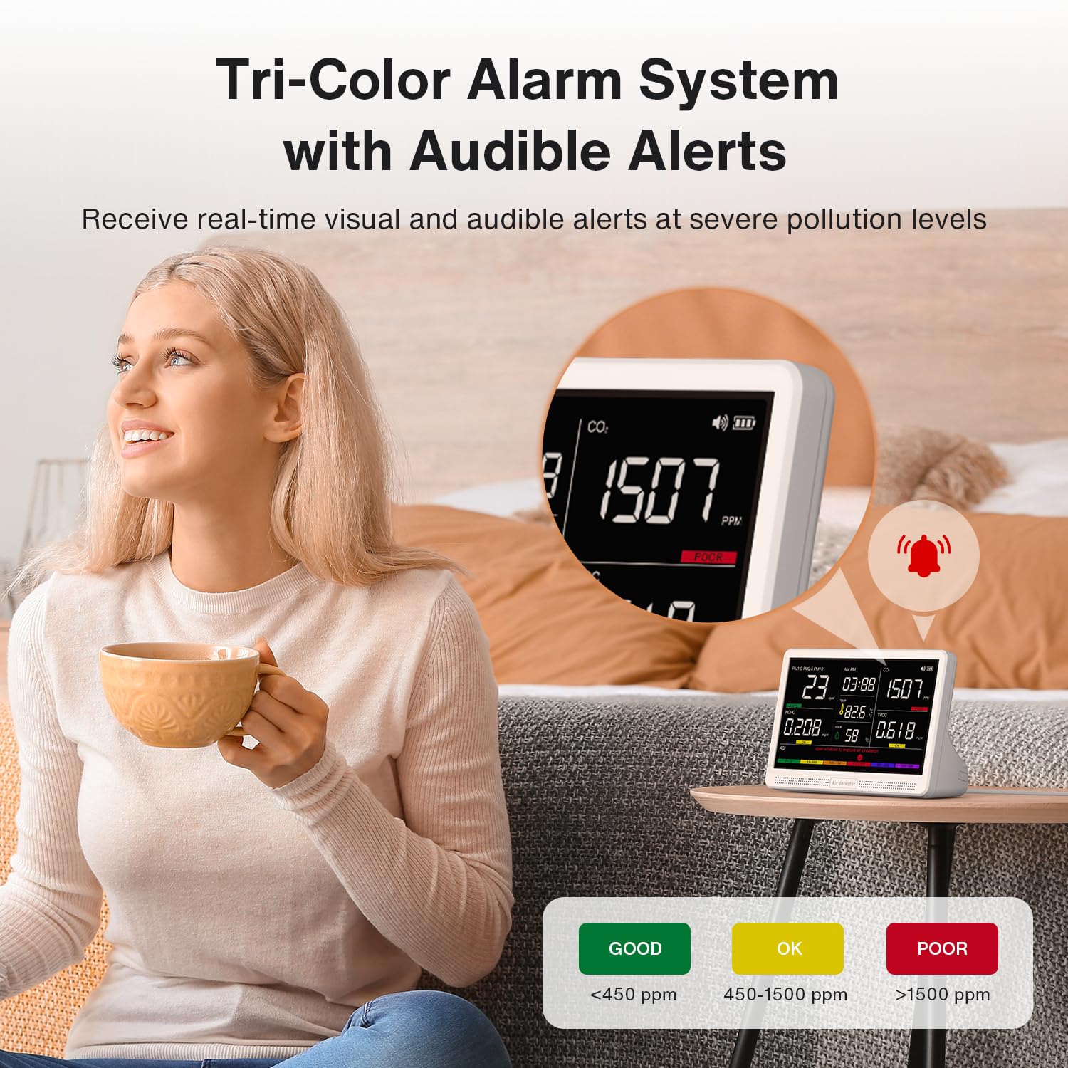 16 in 1 Air Quality Monitor Indoor 7" Display 9 AQI+7 AQI Alerts, CO2 Monitor Air Quality Tester for CO2, TVOC, PM2.5 PM1.0 PM10, HCHO Temperature Humidity AQI & Time Air Quality Meter for Home