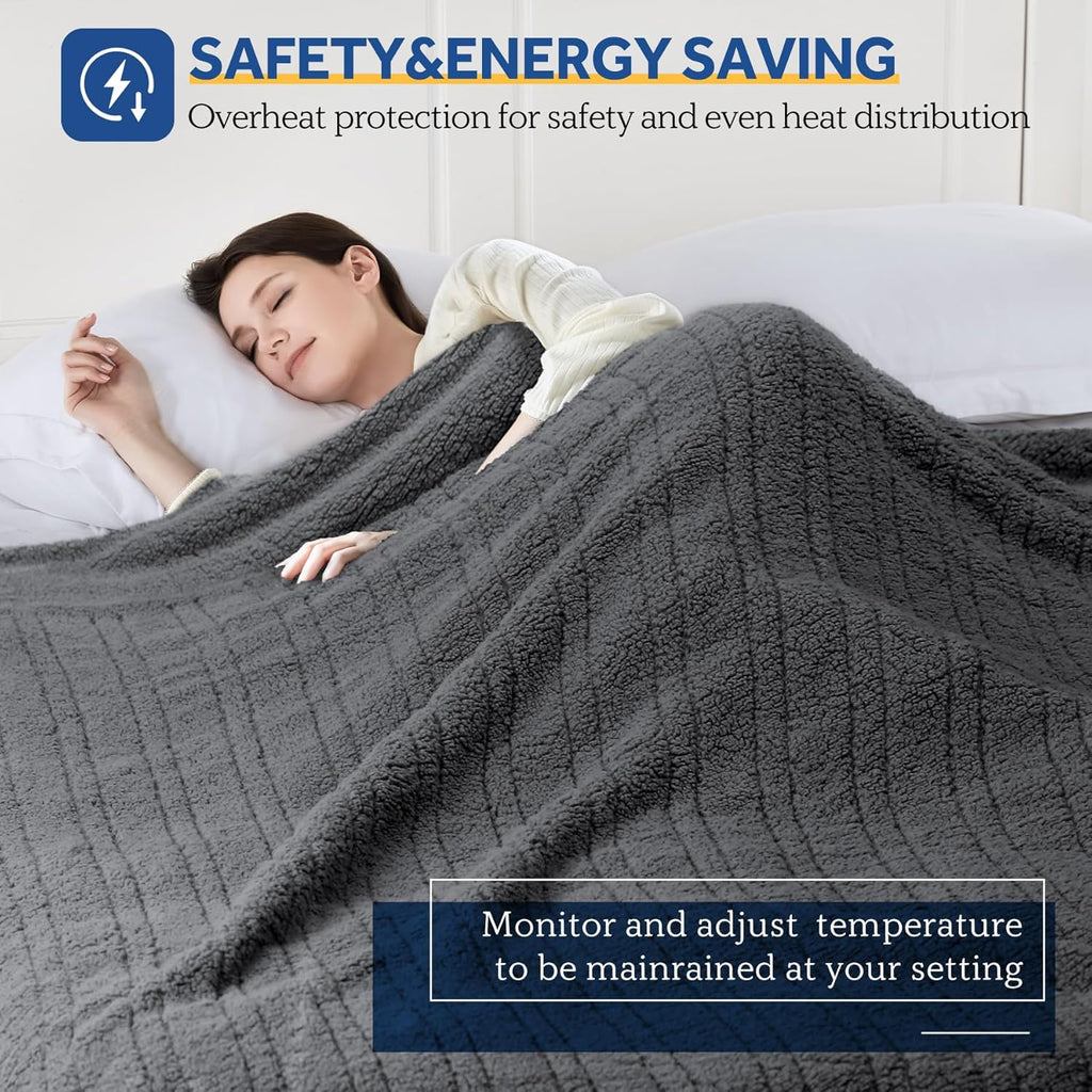 SEALY Electric Blanket Twin Size, Soft Sherpa Heated Blanket Single Control with 10 Heating Levels & 1 to 12 Hours Auto-Off Settings Over-Heated Protection 62"x84" Machine Washable, Dark Grey