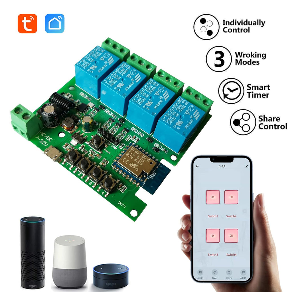 Jane Eyre WiFi Relay Module 4 Channel Smart Switch Momentary/Self-Locking/Lock Switching for Tuya/Smart Life APP,DIY Garage Door, Compatible with Alexa and Google Assistant