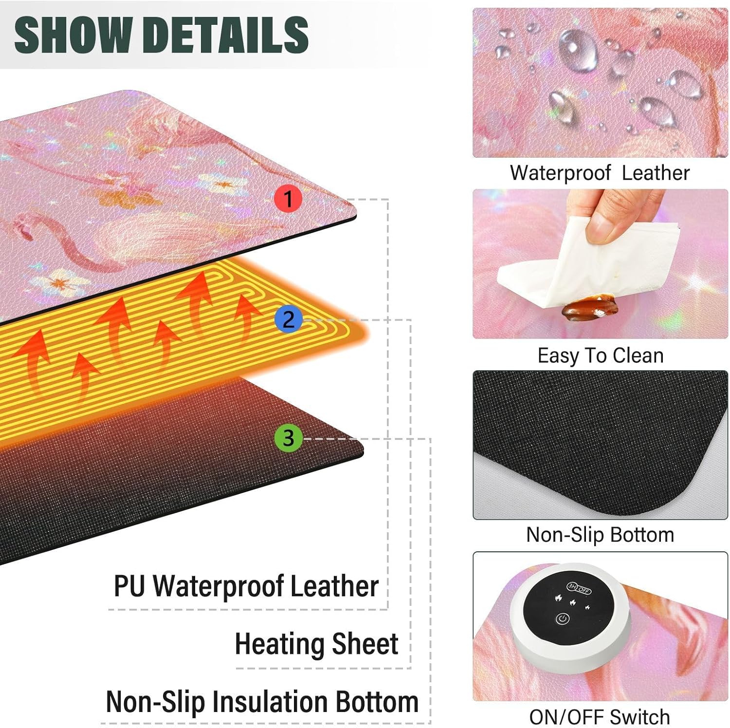 Heated Desk Pad Mouse Pad 31.5x13 Inch PU Leather Desk Mat with 3 Heat Levels Large Mouse Gaming Computer Laptop Mat Pink Gradient Flamingo and Petals