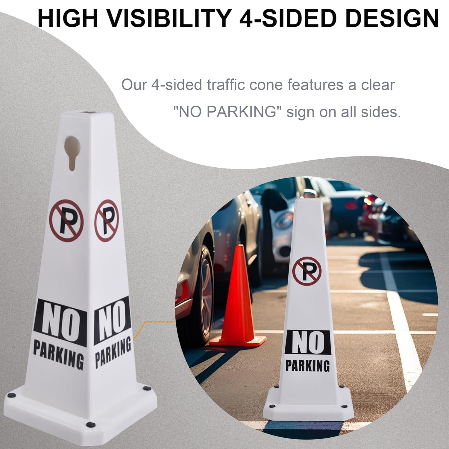OrangeStar No Parking Cones 4-Pack, 26.5" Large 4-Sided Traffic Cones with Heavy Rubber Base for Parking Lot Control, Safety, Driveway | Indoor Outdoor Use