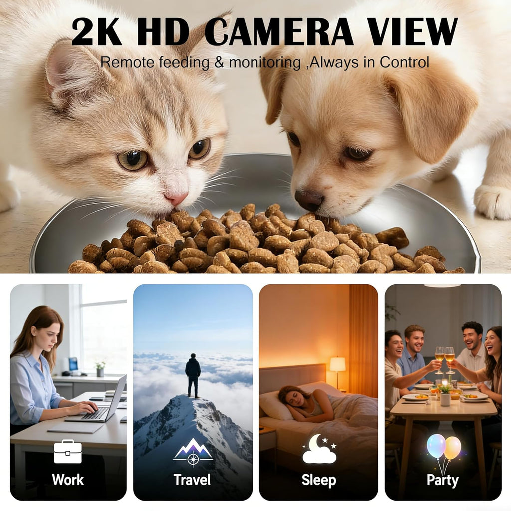 Automatic Cat Feeder with 2K Camera: Cat Food Dispenser with 6L Capacity, Container for Multiple Pet; Automatic Dog Feeder with Night Vision Support 5/2.4GHz & 2-Way Audio, Anti-Jam Design (Black)