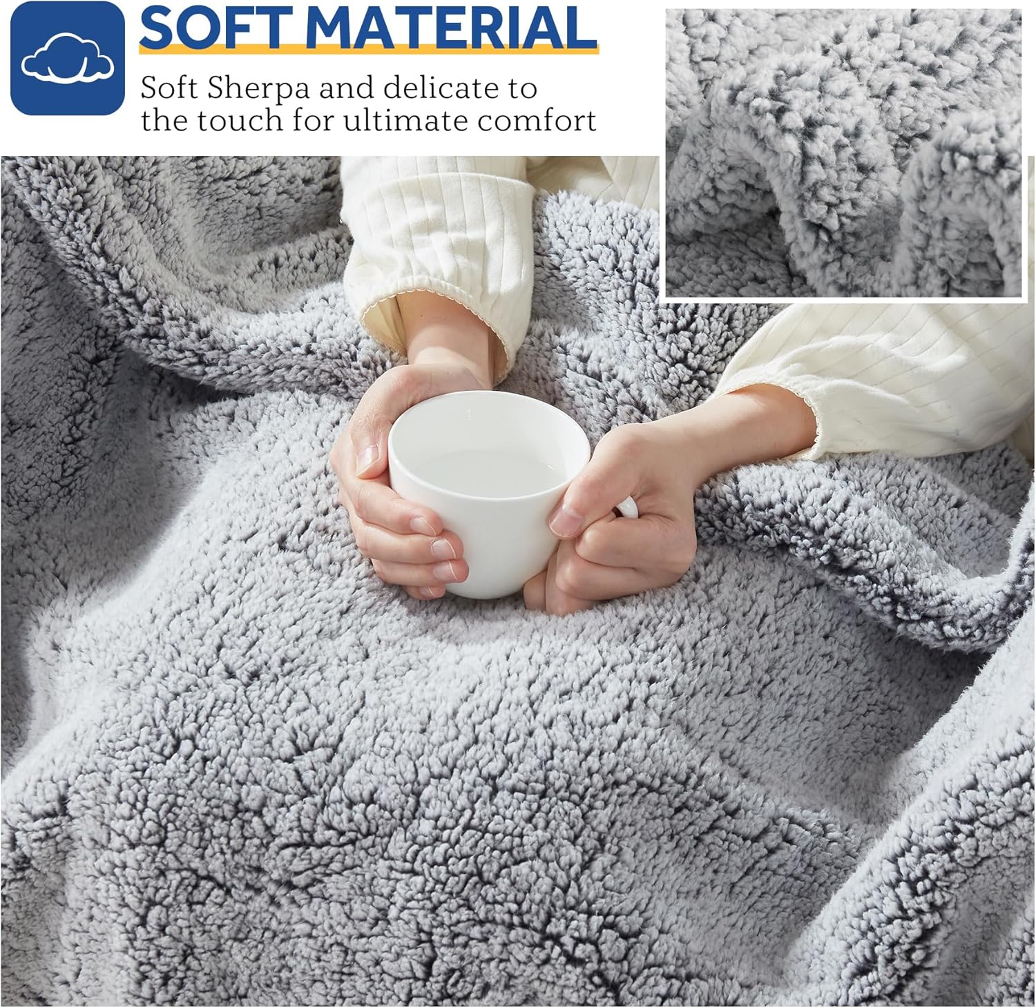 SEALY Electric Blanket Heated Throw 50"x60" Soft Double Sherpa Super Cozy with 6 Fast Heating Levels & 2-10 Hours Auto-Off, Over-Heat Protection, Machine Washable, Charcoal