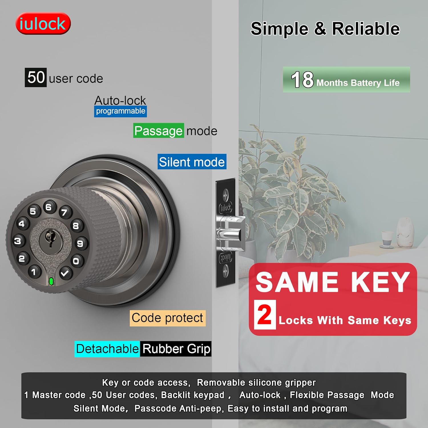 Smart Door Knob with Keypad and Key,Keyless Entry Door Lock with Rubber Grip, Auto Lock,50 User Code,Waterproof, Easy to Install and Program for Bedroom(Stain Nickel Same Key 2 Pack)
