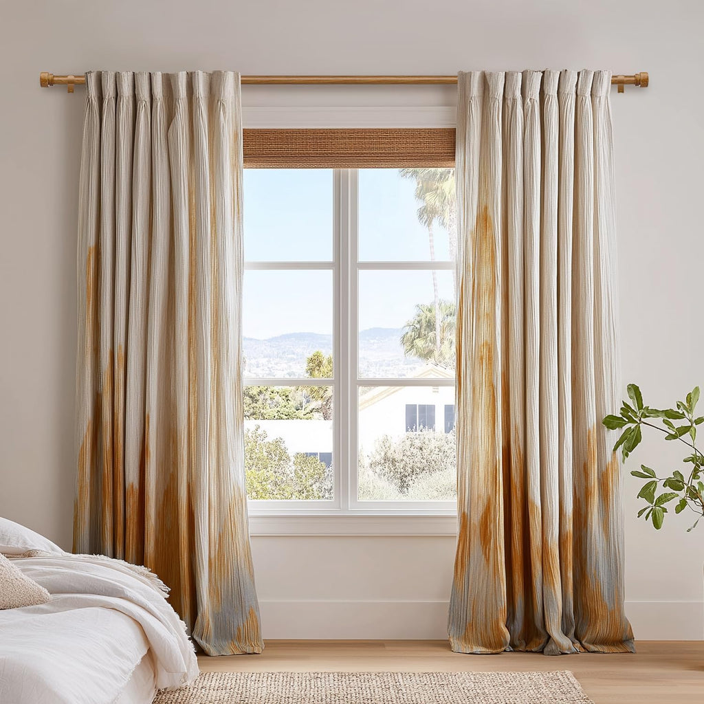 Wood Curtain Rods for Windows 72 to 144 Inches 1" Diameter Boho Decorative Heavy Duty Long Window Curtain Rod Adjustable with Solid Imitation Wood Grain Finials for Living Room Bedroom Kitchen