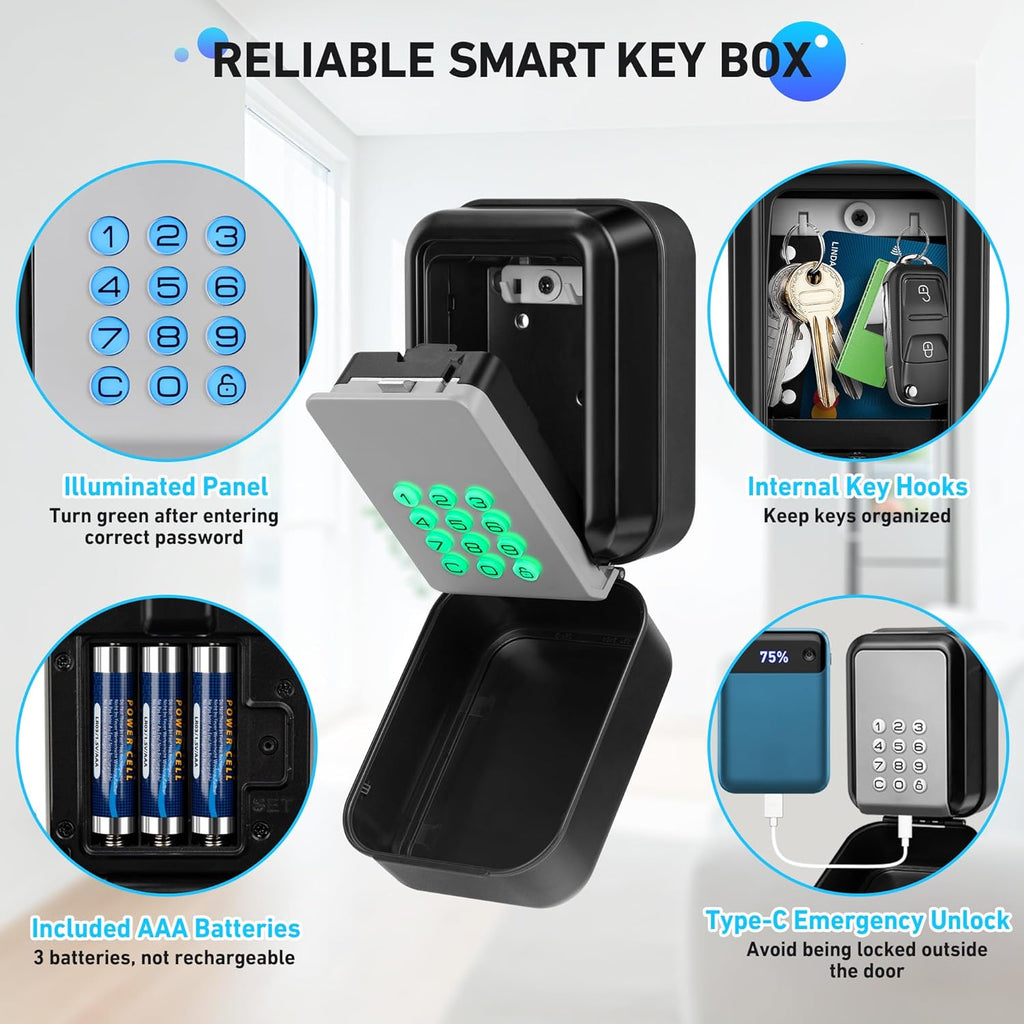 HUANLANG Smart Key Lock Box - Bluetooth Electronic Lock Box for Keys, Wall Mount Digital Key Storage with App Control & PIN Code Types, IP65 Waterproof lockbox for Home, Airbnb, Realtor and Office