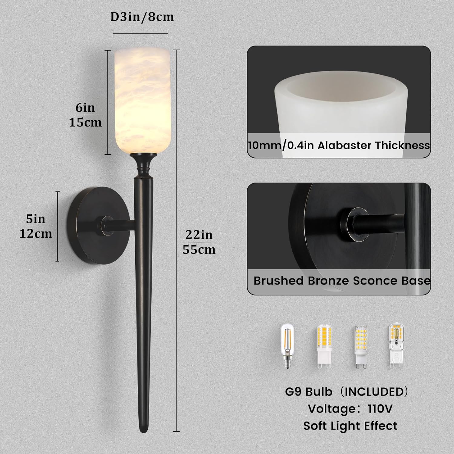 Alabaster Wall Sconce, Modern Bronze Bathroom Sconces, Marble Sconces Wall Lighting for Living Room Vanity Foyer Hallway Bedroom Staircase H-22in(Dimmable Bulb INCL)