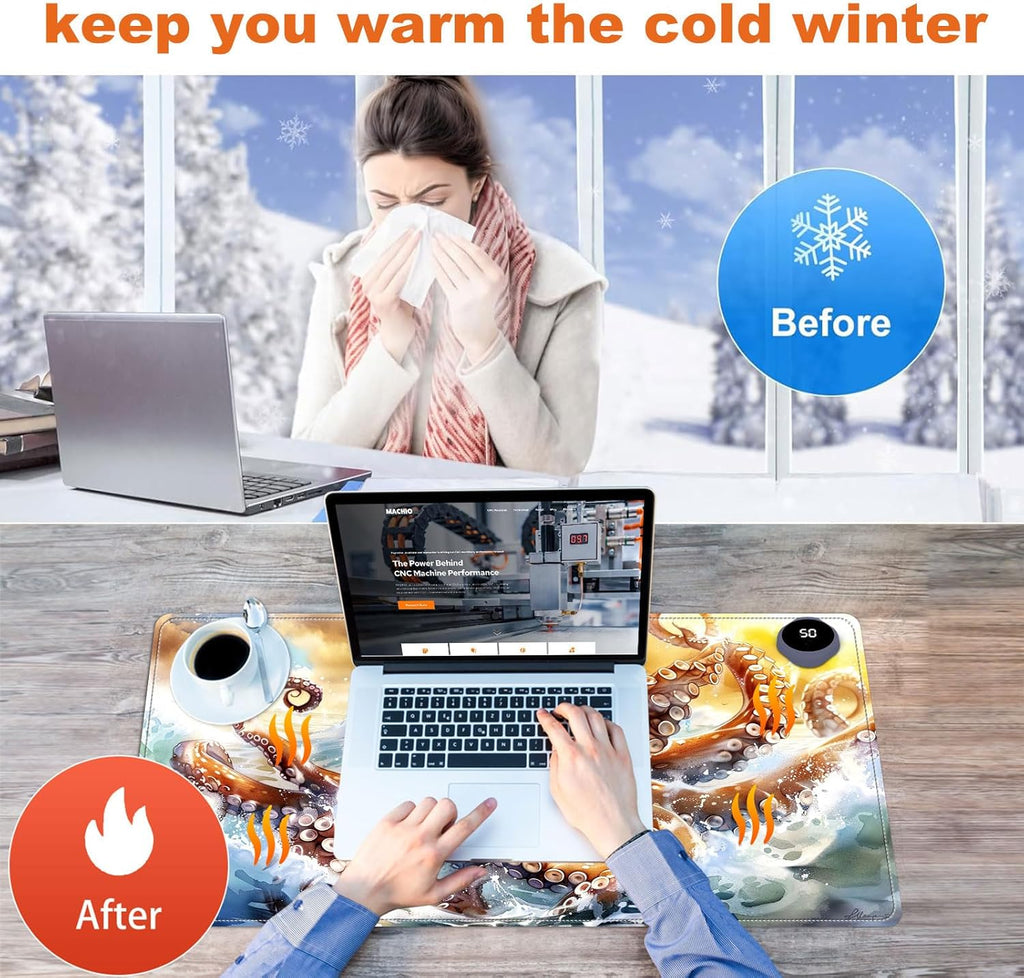 Small Heated Desk Pad 23.6" x 14.2" – Compact Electric Mouse Pad with 3 Heating Levels, Auto Shut-Off, Waterproof PU Surface, Plug-in Warmer for Office or Home Use, Ocean Octopus