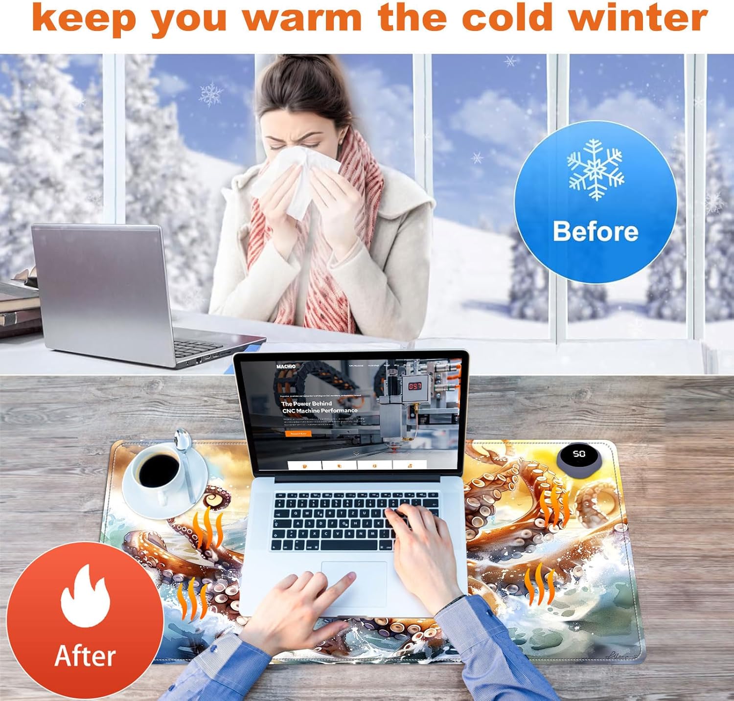 Small Heated Desk Pad 23.6" x 14.2" – Compact Electric Mouse Pad with 3 Heating Levels, Auto Shut-Off, Waterproof PU Surface, Plug-in Warmer for Office or Home Use, Ocean Octopus
