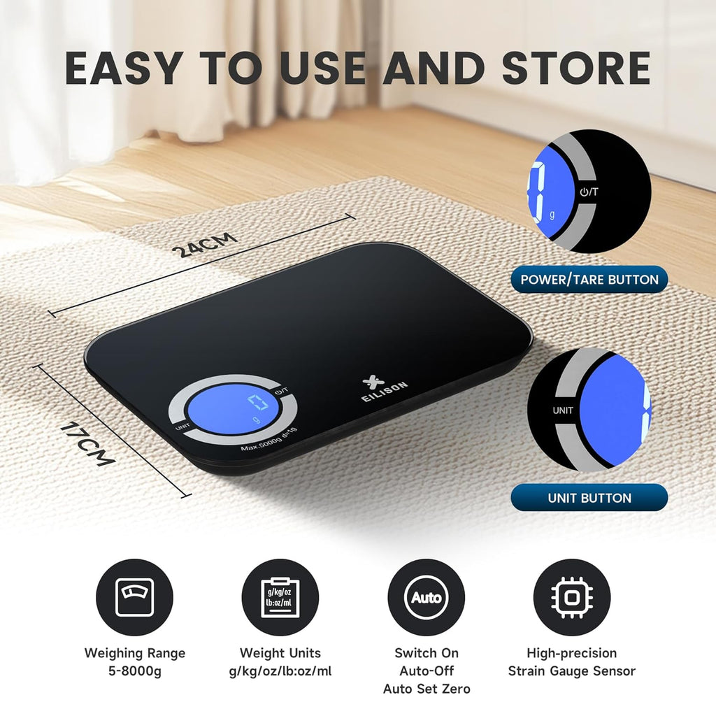 EILISON Smart Kitchen Scale with Bluetooth App, High-Precision Digital Food Scale for Baking, Cooking & Diet, 8000 Food Database, 24 Nutrients, Touchscreen, Tare Function, 5g-8000g Capacity (Black)