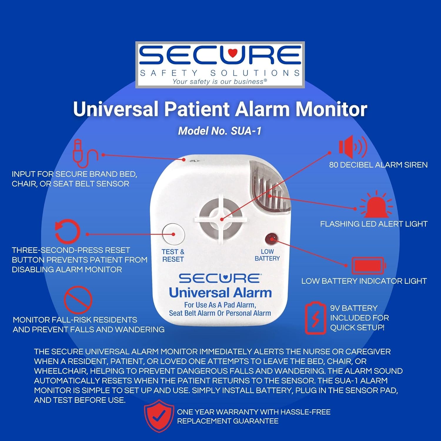 Secure Chair and Bed Alarm for Elderly Adults - Two Alarm Monitors, Bed Sensor and Chair Sensor - Bed Alarms and Fall Prevention for Elderly Dementia Patients