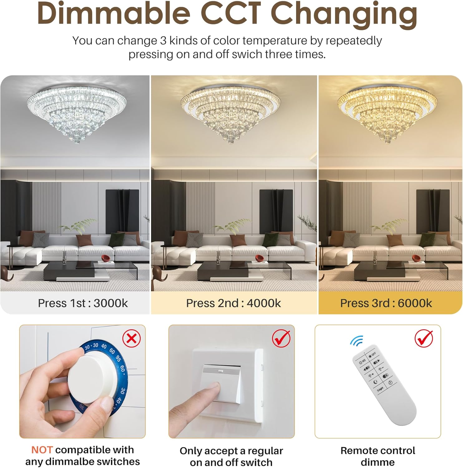 Elegant LED Crystal Raindrop Ceiling Light, 30" Flush Mount Chandelier Light Fixture with Remote Control for Living Room Kitchen Island Bedroom Hallway Entryway Foyer(Dimmable)