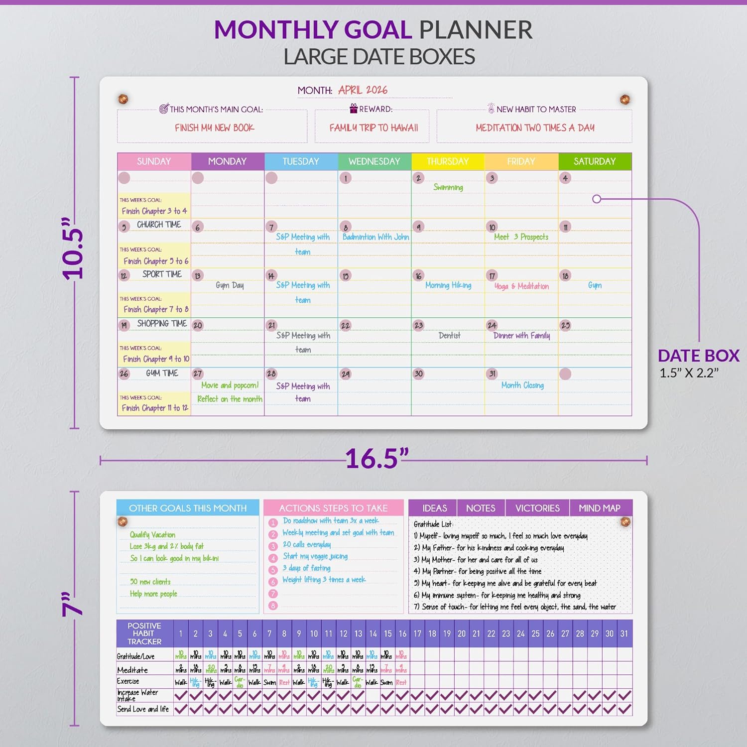 Magnetic Whiteboard for Fridge - Large Dry Erase Calendar for Wall | 2 Magnetic Dry Erase Board 10.5" x 16.5" & 7" x 16.5", Monthly Goal Setting & Habit Tracker, 5 Markers and 6 Adhesive Hooks