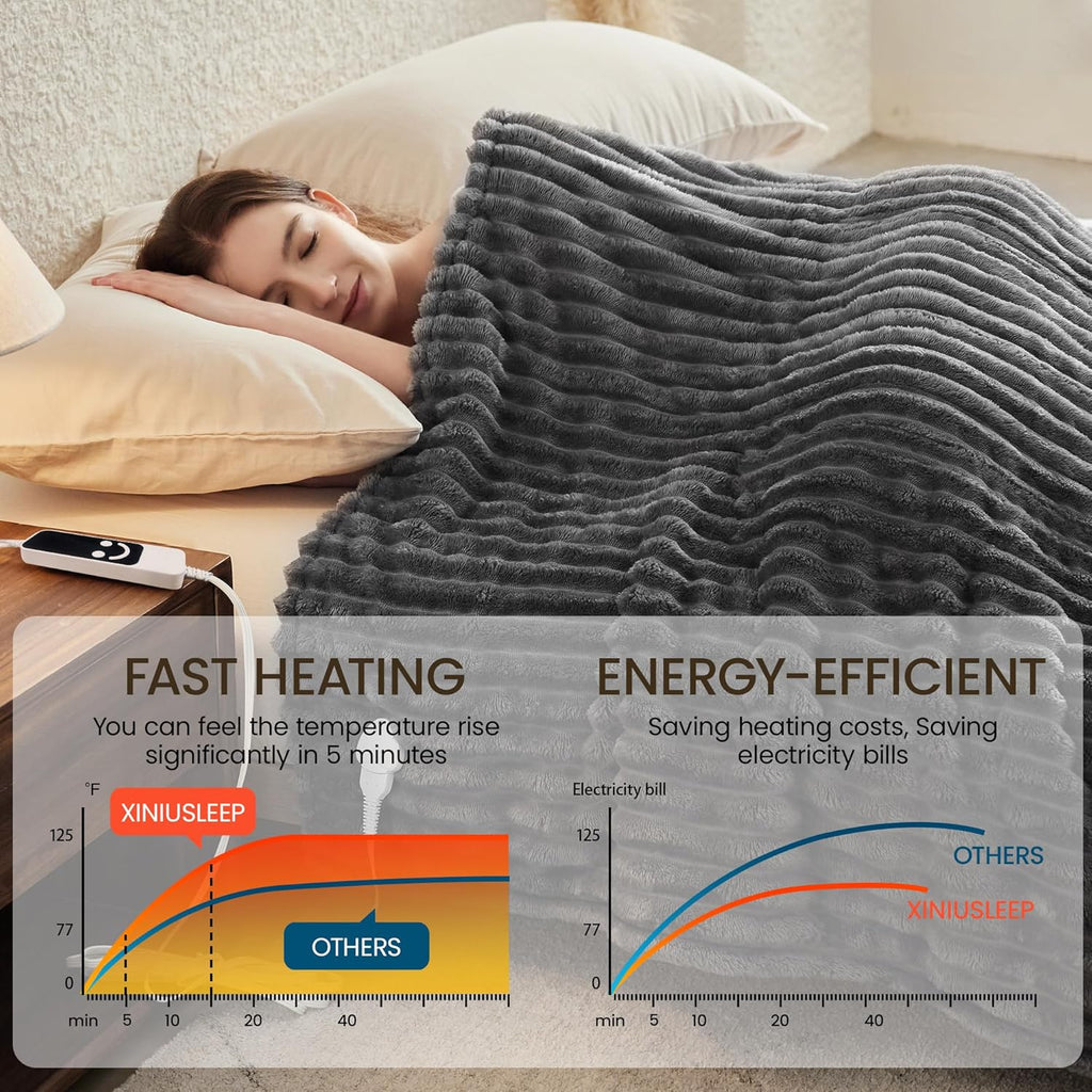 Heated Blanket Electric Blanket 62"x84", Soft Flannel Sherpa Electric Throw with 5 Heating Level & 12 Times Setting, Heated Throw with Overheating Protection, Machine Washable (Grey)