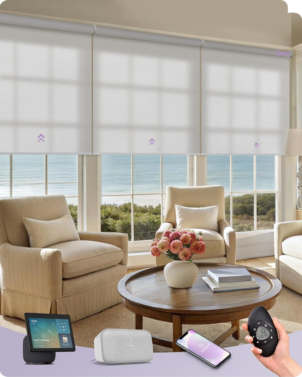 Graywind Smart Coupled Roller Shades Compatible with Alexa Google Custom Size Extra Large Motorized Blinds for Windows(Pure White)