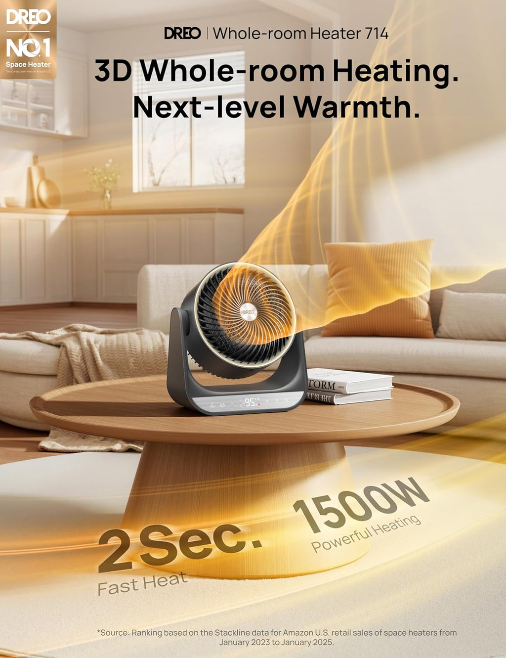 Dreo Whole Room Heater 714, 60° Vertical & 90° Horizontal 3D Oscillating Heating, 12 ft/s Long-Range Circulator, 3 Heat & 3 Fan Settings, Space Heaters for Indoor Use, Bedroom, Office, Grey