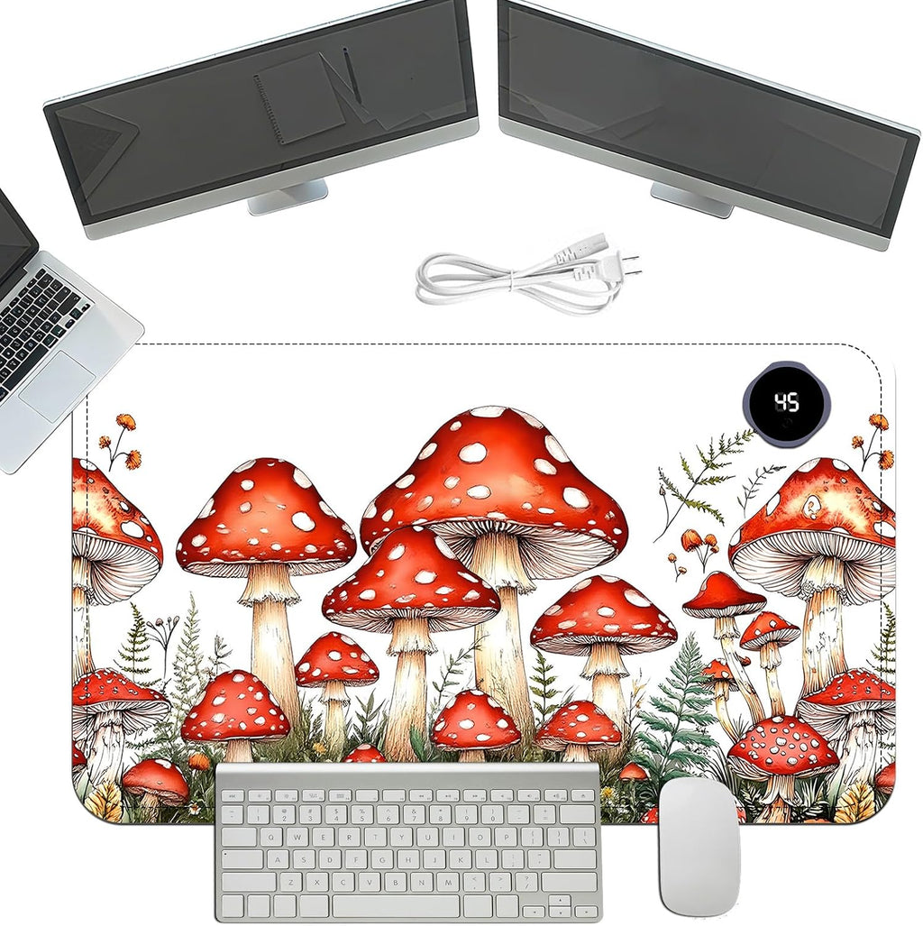 Heated Mouse Pad with 3 Temperature Settings(104°F–122°F),Large 24x14.2 Inch PU Leather Heated Desk Mat,Waterproof Warming Pad for Office,Gaming & Cold Hands Relief,Red Mushroom