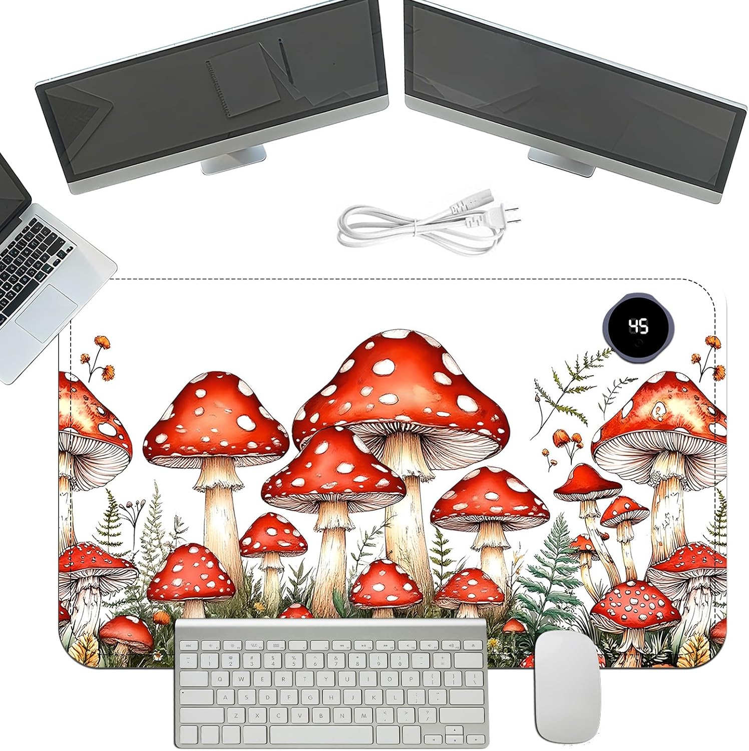 Heated Mouse Pad with 3 Temperature Settings(104°F–122°F),Large 24x14.2 Inch PU Leather Heated Desk Mat,Waterproof Warming Pad for Office,Gaming & Cold Hands Relief,Red Mushroom