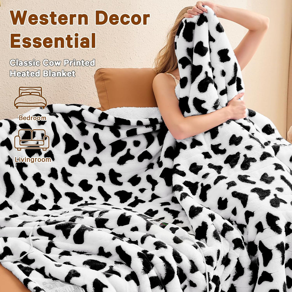 Cow Print Heated Electric Blanket Full Size,72X84 Black Heating Blanket with 10 Heats Levels & 8 Hours Auto Off,Cute Cow Fleece Sherpa Blankets Warmer Gifts for Women Adults,Washable