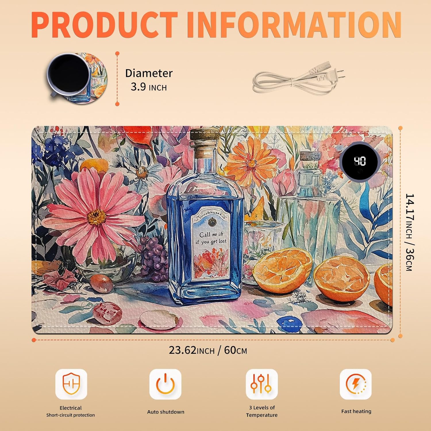 Heated Mouse Pad 23.6 x 14 in 3-Temp Fast Heating Desk Mat with Auto Timer Warmer for Hands Wrist Pain Relief Waterproof Keyboard Mat for Office, Gaming, Home, Floral Kitchen