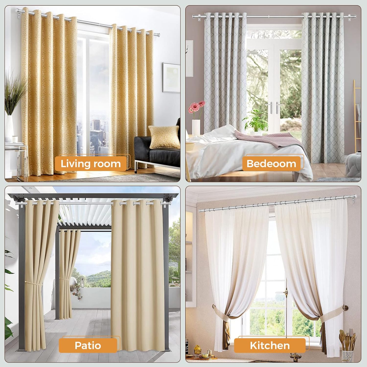 TONIAL Curtain Rod 32 to 115 Inch(2.6-9.6ft), Telescoping Splicing 3/4 Drapery Rods for Windows 83 to 110 Inch(6.9-9.1ft), Decorative Single Rod with Small Cap Finial, Silver