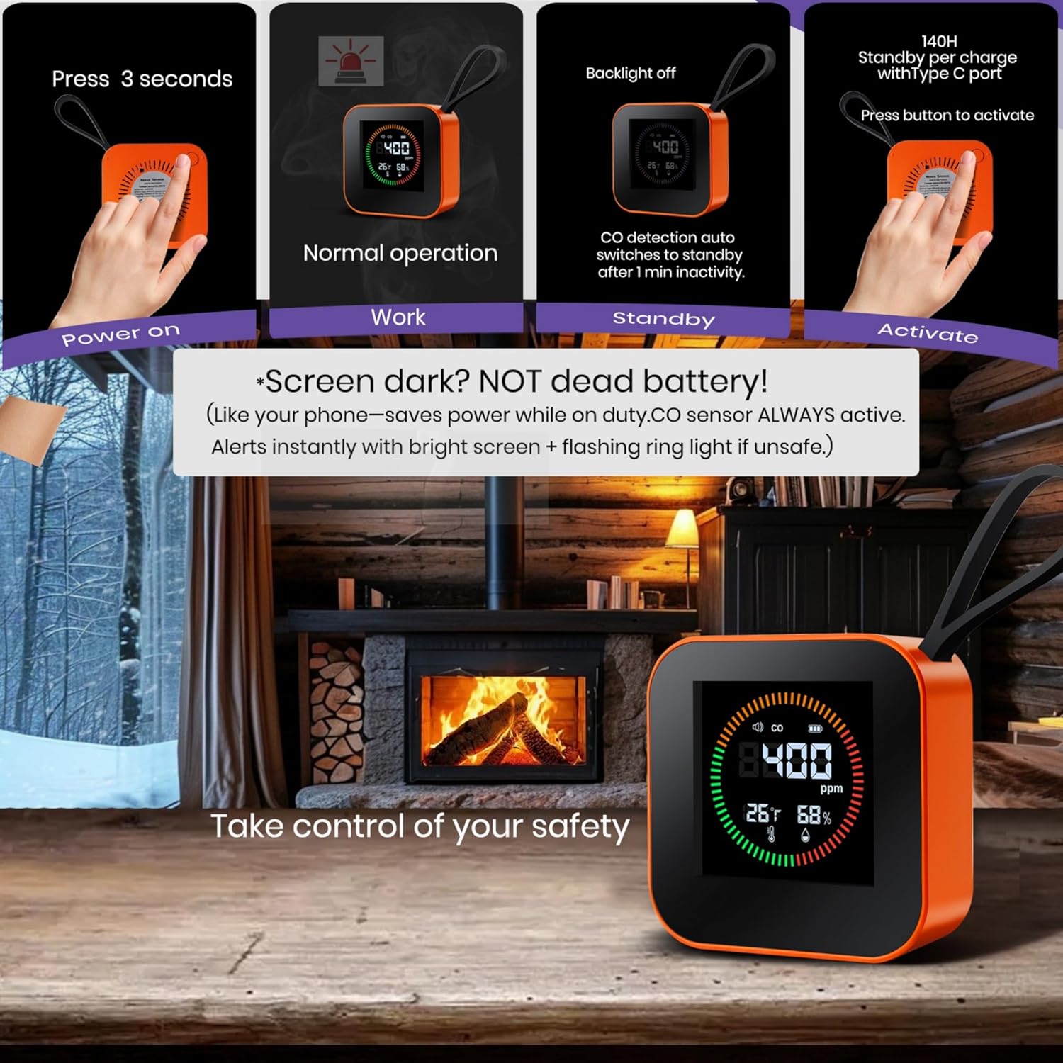 3-in-1 Portable Carbon Monoxide Detector for Travel – UL-Compliant CO Alarm with Temperature and Humidity Monitor, USB-C Rechargeable for RV, Hotel, Camping (1, Orange)
