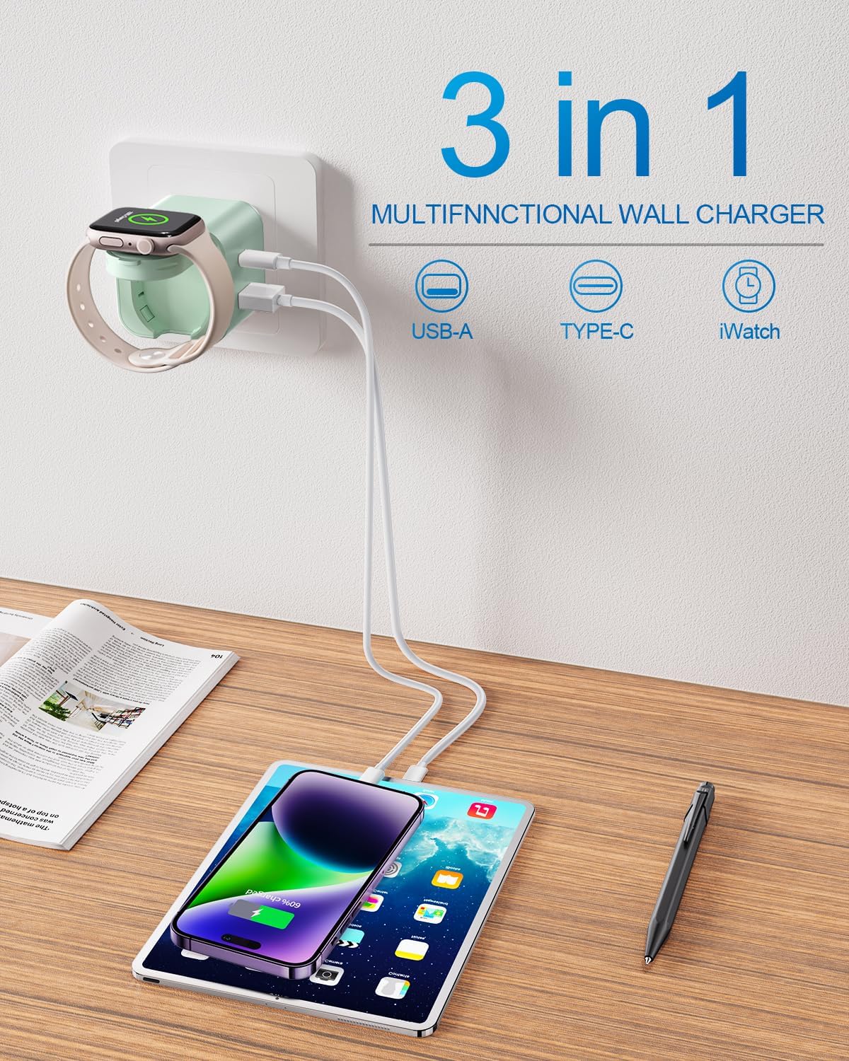 36W for Apple Charging Block with Built-in Watch Charger, Foldable PD Fast Charger Block for iPhone, Dual Ports Wall Charger Compatible with Apple Watch iPhone AirPods(Green)