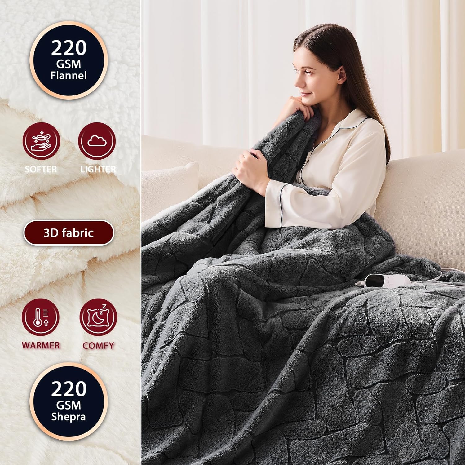 Heated Electric Blanket- Electric Throw Blanket 72"x84" for Bed- 5 Heating Levels& 4 Hours Auto Off for Couch Home Office - Soft Faux Fur Fabirc for Full Body(Grey)