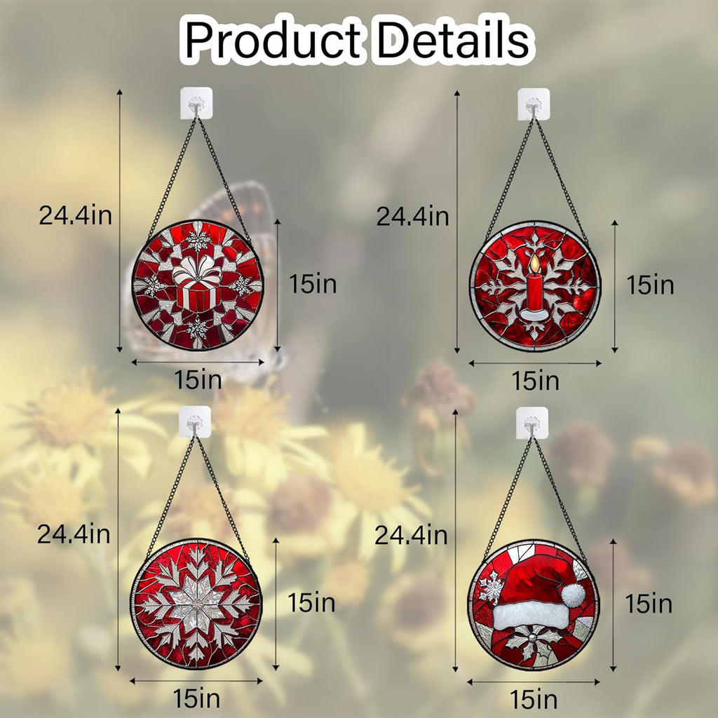 Stained Glass Window Hanging 4 Pcs Set Red Christmas Decorations Theme Large 15" - Suncatcher Door Garden Sun Catcher Decor Birthday for Mom Woman Nana Men Friend Wife