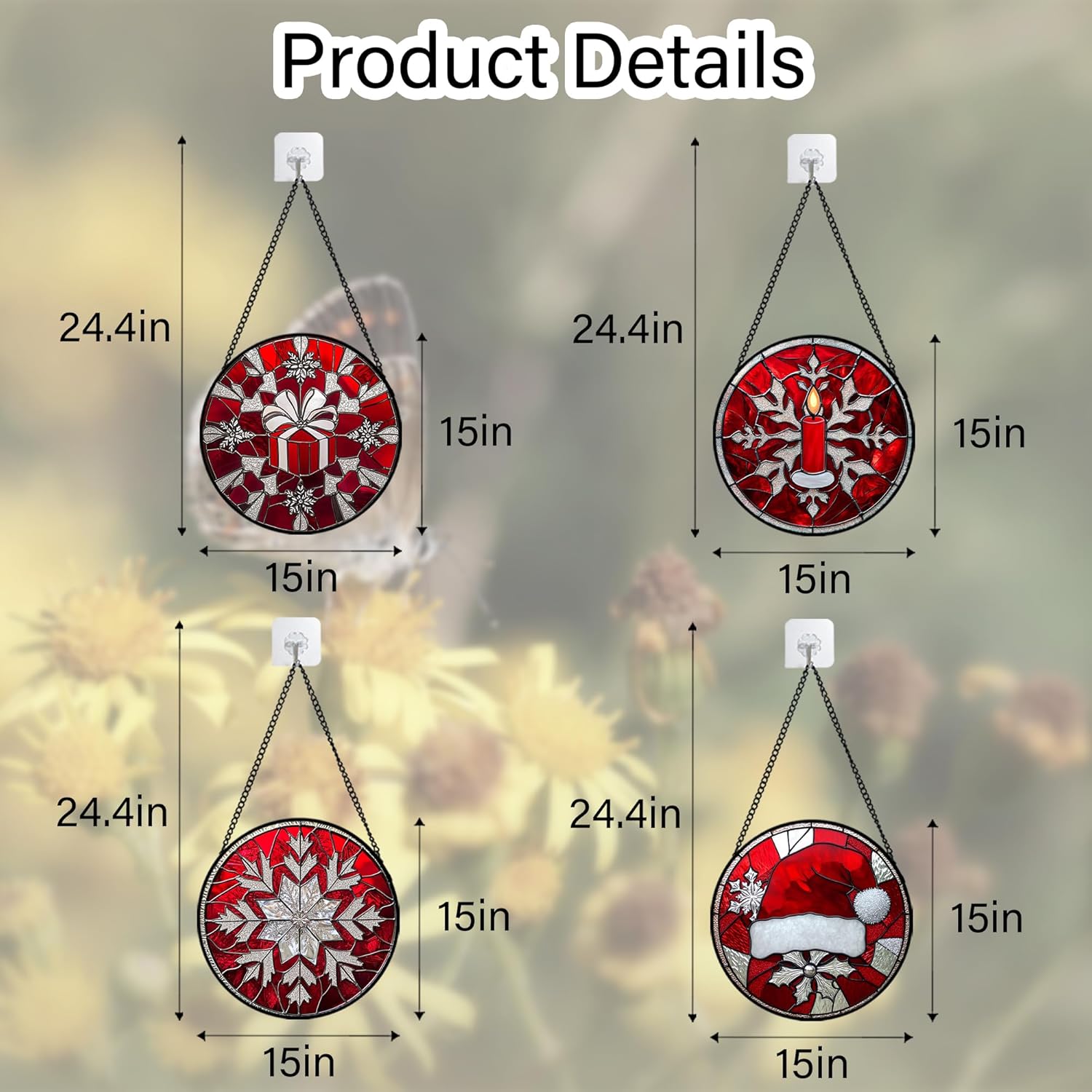 Stained Glass Window Hanging 4 Pcs Set Red Christmas Decorations Theme Large 15" - Suncatcher Door Garden Sun Catcher Decor Birthday for Mom Woman Nana Men Friend Wife