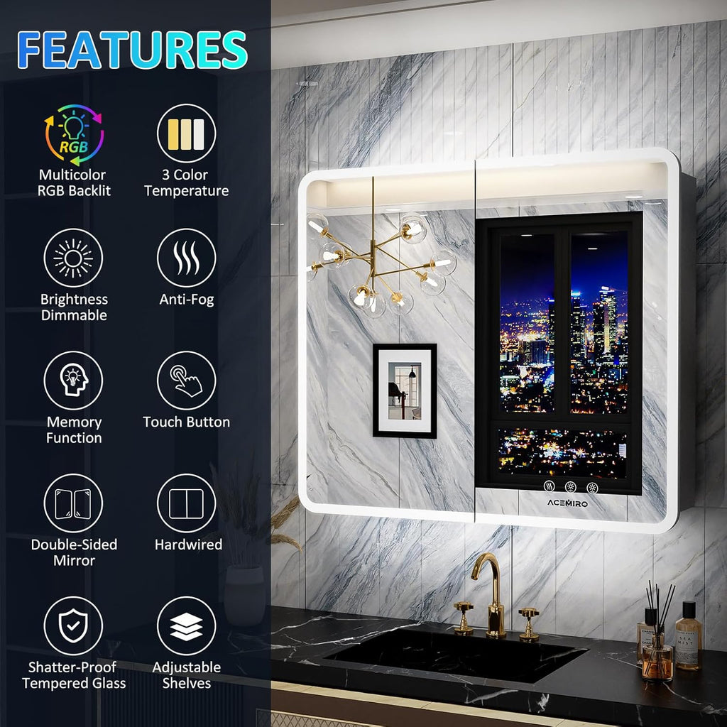 Medicine Cabinet with Lights, 36×32 Inch Bathroom Lighted Medicine Cabinet with Mirror, Defogger, Dimmer, LED Mirror Cabinet with RGB Backlit+3 Color Front Light, Wall Mounted