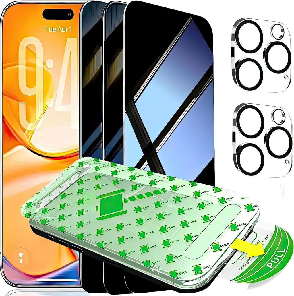 3 Pack for iPhone 16 Pro Max Privacy Screen Protector + 2 Camera Lens Protector 9H+ Tempered Full cover Glass 12FT Military Grade Shatterproof Anti Spy Auto Alignment Kit