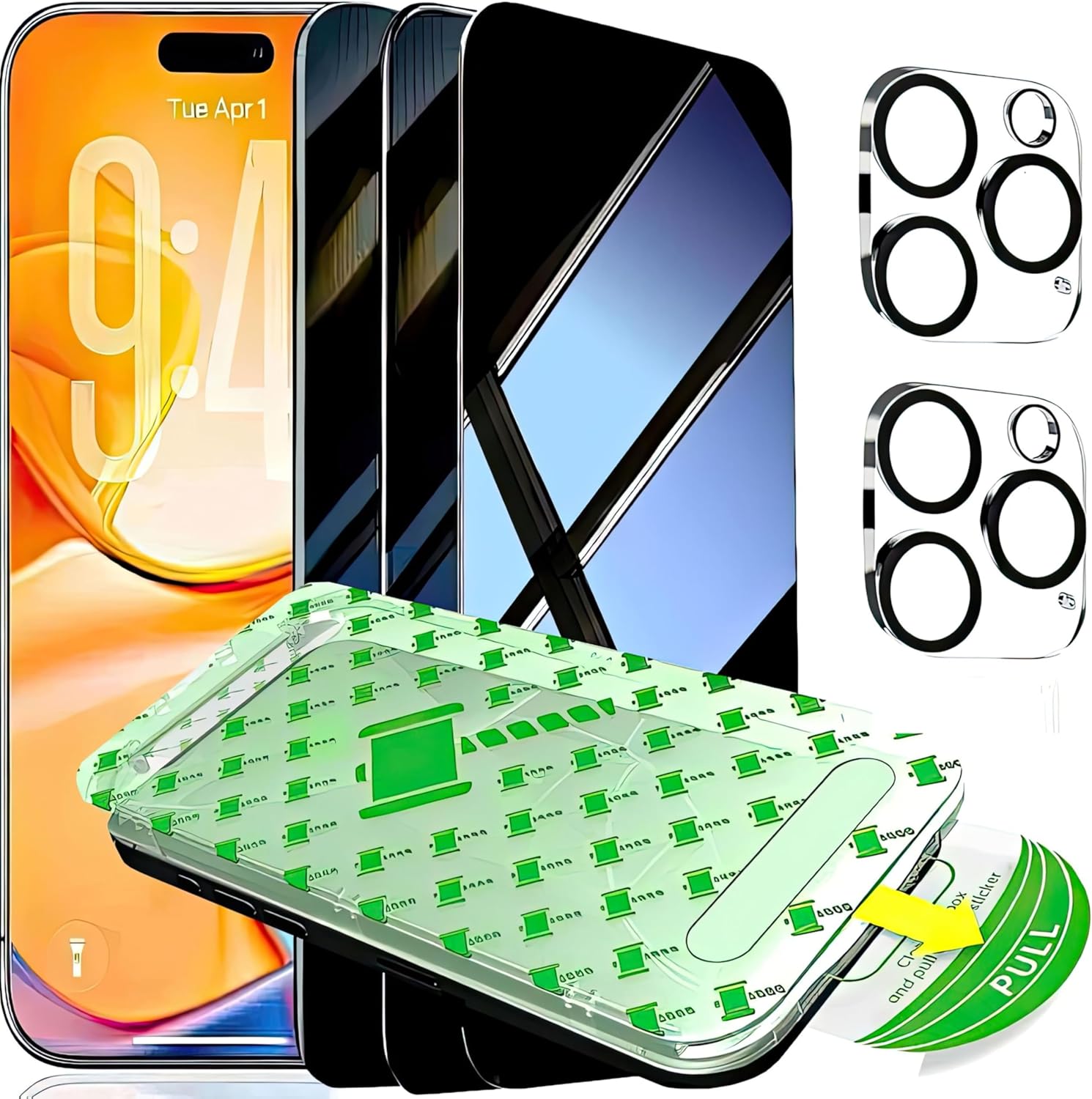 3 Pack for iPhone 16 Pro Privacy Screen Protector + 2 Camera Lens Protector 9H+ Tempered Full cover Glass 12FT Military Grade Shatterproof 100% Anti Spy Auto Alignment Kit