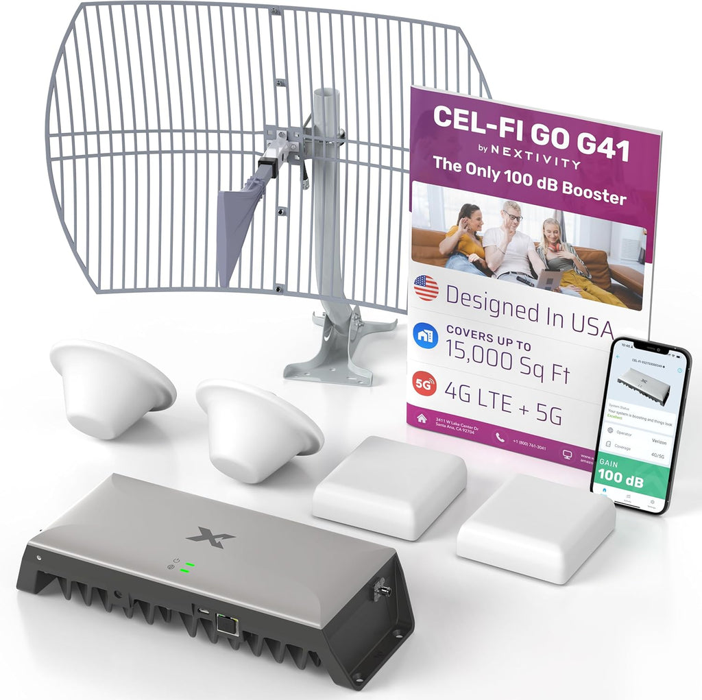 CEL-FI GO G41 | Cell Phone Booster for Home | 4G, 5G, AT&T, Verizon & T-Mobile | Up to 15,000 Sq Ft Coverage | 100 dB Cell Phone Signal Booster | FCC Approved (2X Antenna w/Grid)