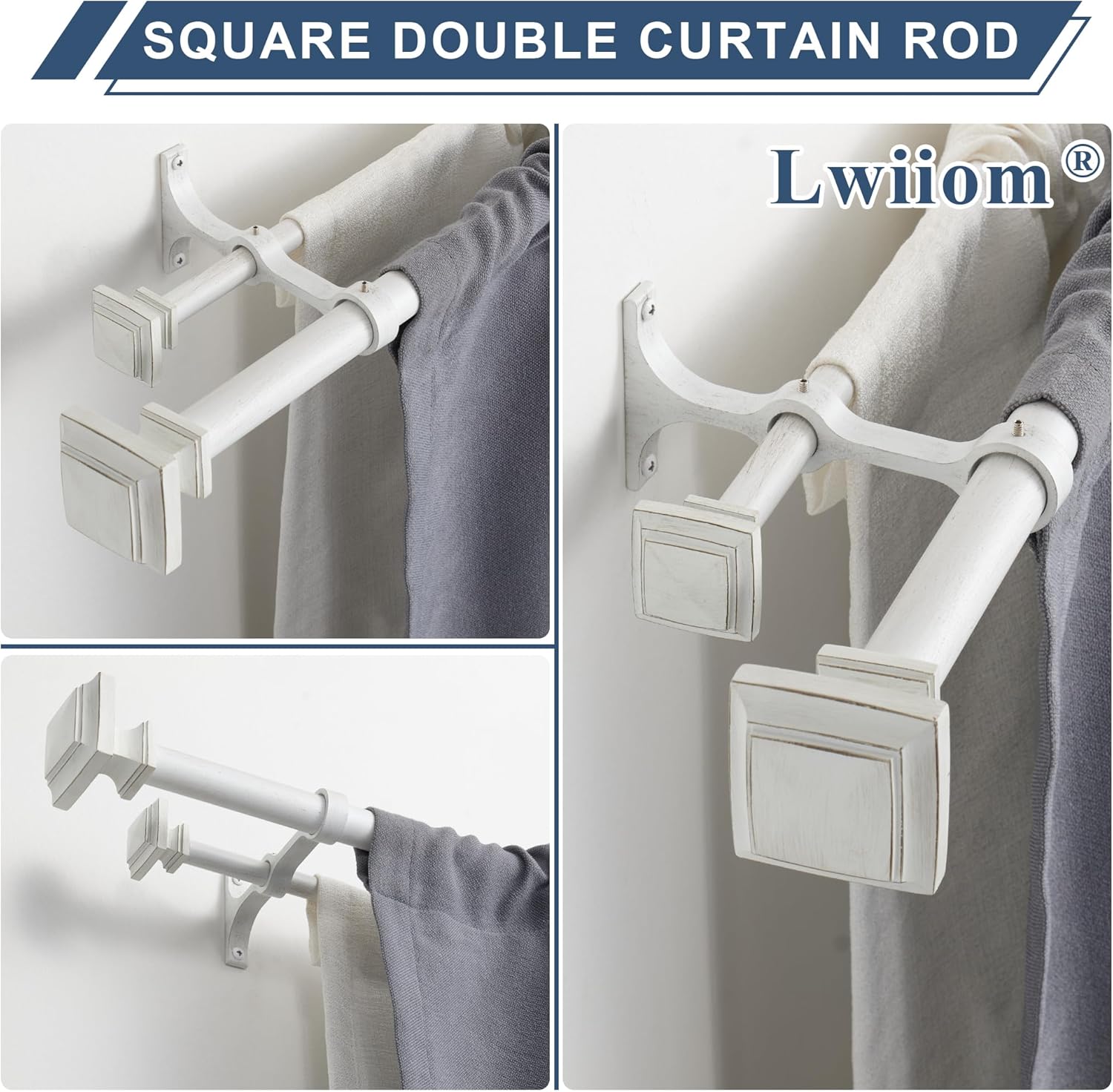 Double Wood Curtain Rods for Windows 72 to 144 Inches,1 Inch Decorative Wooden Curtain Rod with Square Imitation Wood Grain Finials and Double Aluminum Bouquet Bracket, Antique White