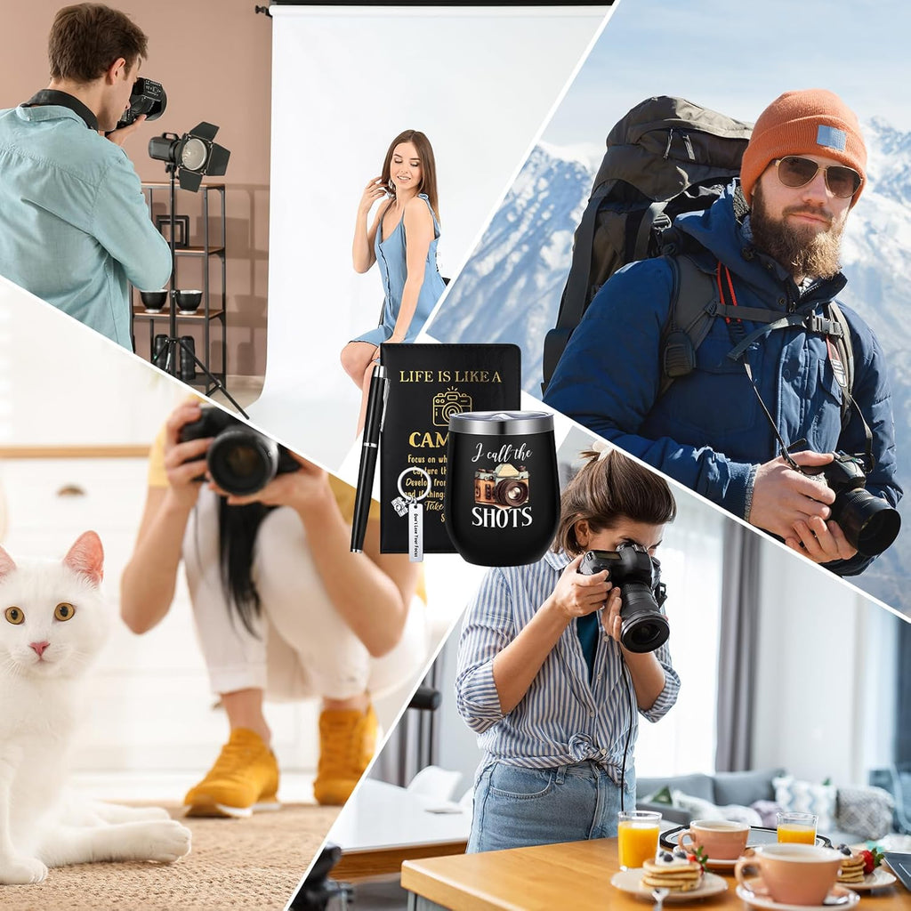 6 Pcs Photographer Gifts for Camera Lovers for Men Women 12 oz Stainless Steel Cup Socks Keychain Pen Notebook Box for Christmas Photography & Travelers Lovers