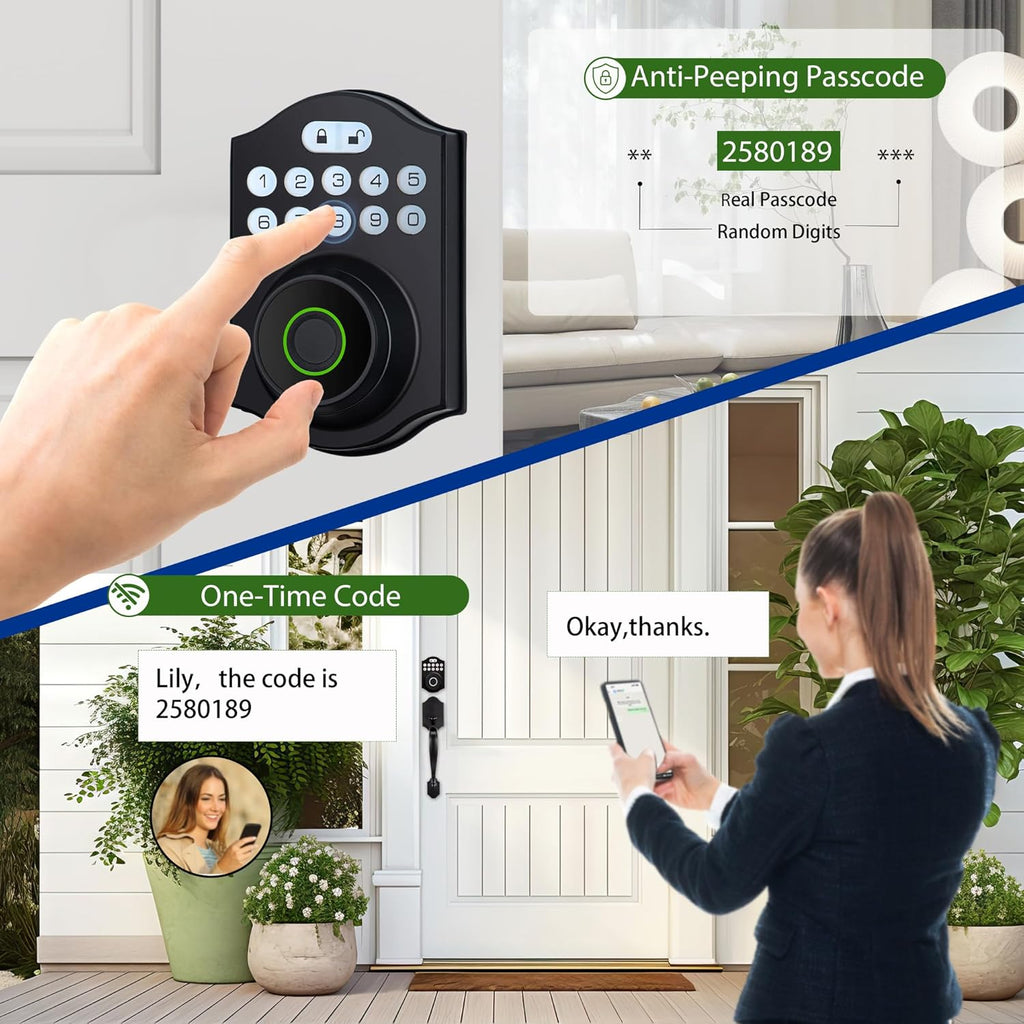Smart Fingerprint Door Lock, Keyless Entry Deadbolt with Electronic Keypad, Bluetooth App Control, One Time Code, IP65 Weatherproof, for Front Door/Home/Office (Matte Black)