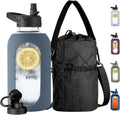 CIVAGO Half Gallon Glass Water Bottle with Straw and Insulated Bottle Holder Sling, 64 oz Motivational Water jug with Time Marker and Silicone Sleeve, Water Flask with 2 Lids, Smog Blue