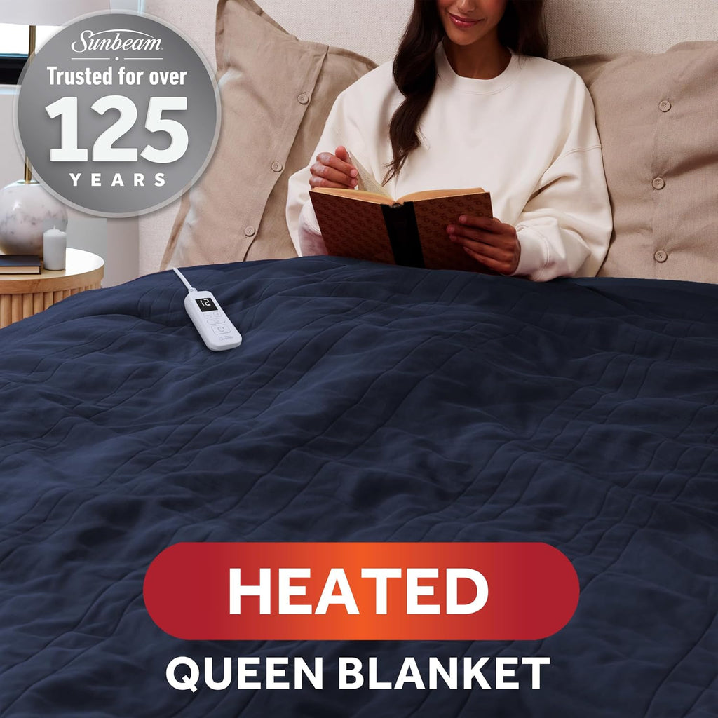 Sunbeam Royal Ultra Fleece Heated Electric Blanket Queen Size, 90" x 84", 12 Heat Settings, 12-Hour Selectable Auto Shut-Off, Fast Heating, Machine Washable, Warm and Cozy, Indigo