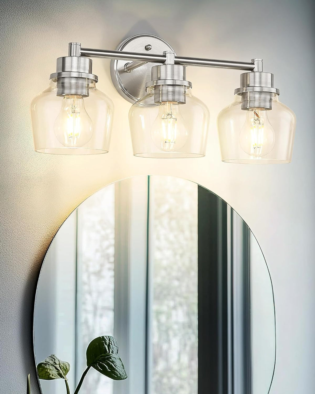 Emak Bathroom Light Fixtures Over Mirror, Brushed Nickel Vanity Light with Clear Glass Shade, 3-Light Vanity Lights for Bathroom, Mirror, Makeup Desk, VL122-BN-CG-3