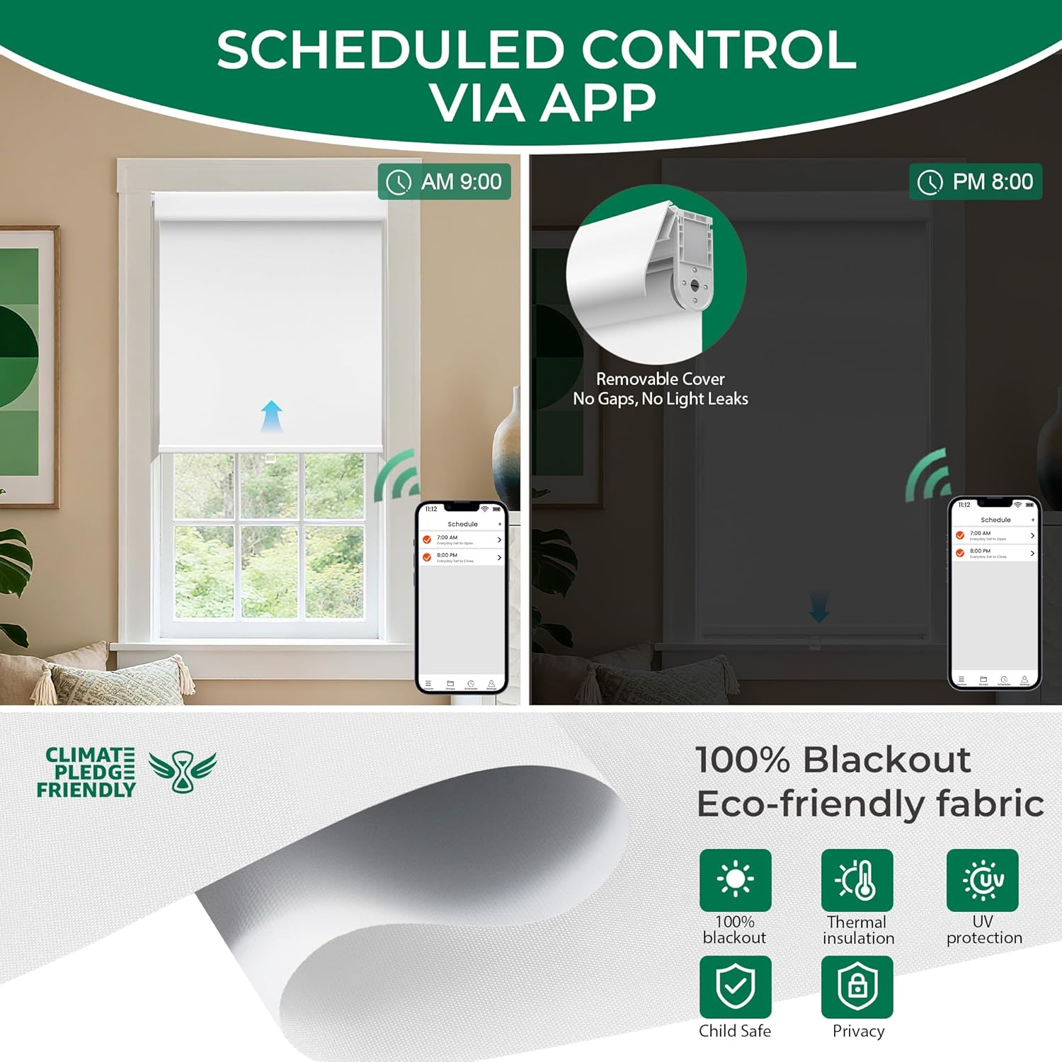 Allesin No Drill Motorized Roller Blinds – Rechargeable Electic Blackout Shades with Cassette Cover, Utral-Quiet Motor, Automatic Blind with Remote for Indoor Windows (White, 34" W x 60" H)
