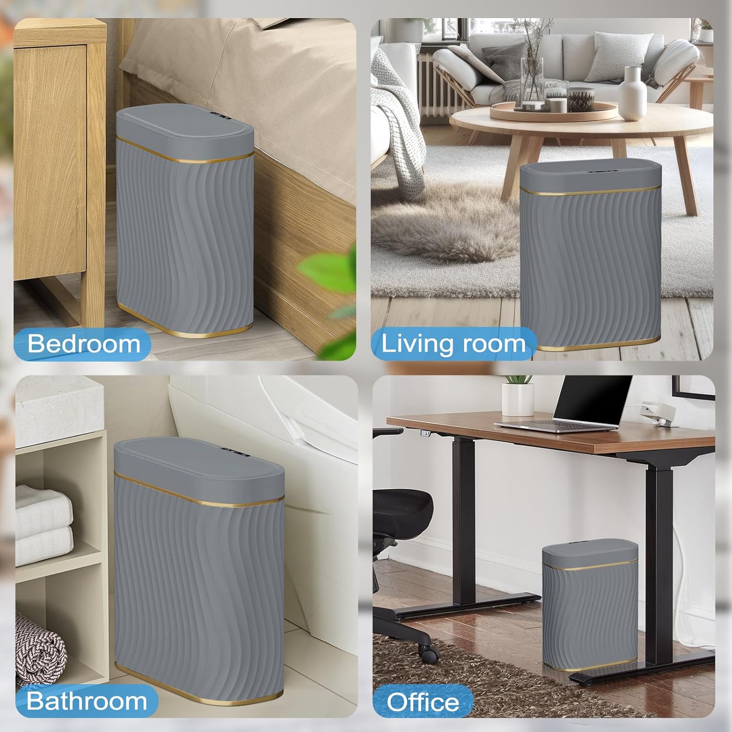 steo spce Bathroom Small Trash Can with Automatic Touchless Lid, 2.6 Gallon Smart Garbage Can Narrow Waterproof Trash Bin for Bedroom, Office, Living Room (Gold Grey)