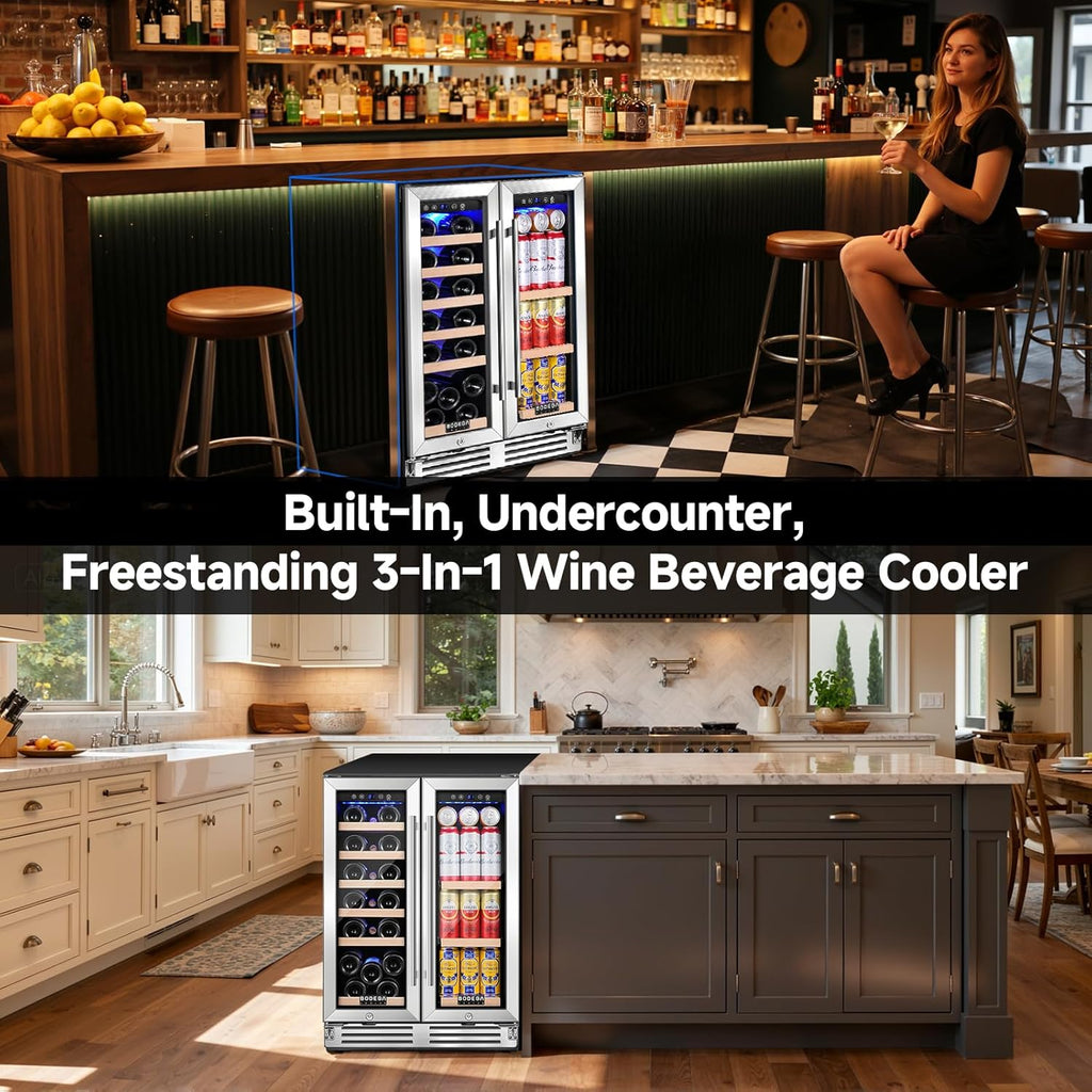 BODEGA 24 Inch Beverage and Wine Refrigerator, Dual Zone Wine Cooler Under Counter, with Independent Temperature Control and Upgraded Compressor, Holds 57 Cans and 19 Bottles